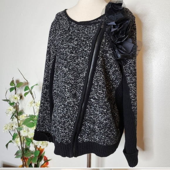 Loft Marled Black Tweed Knit Moto Jacket Sweater Embellished Spring Mobwife - Picture 14 of 15